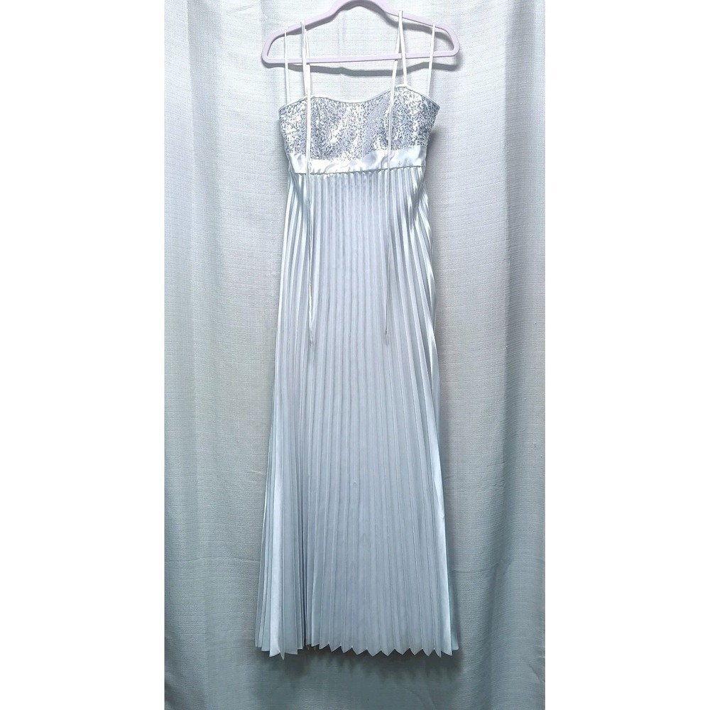 Jessica McClintock For Gunne Sax White Pleated Silver Sequin Halter Maxi Dress 7